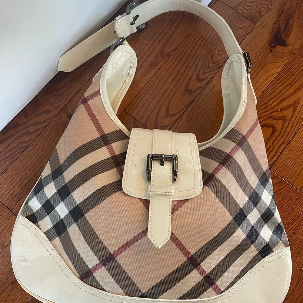 Burberry Cream and Tan Plaid Hobo Bag